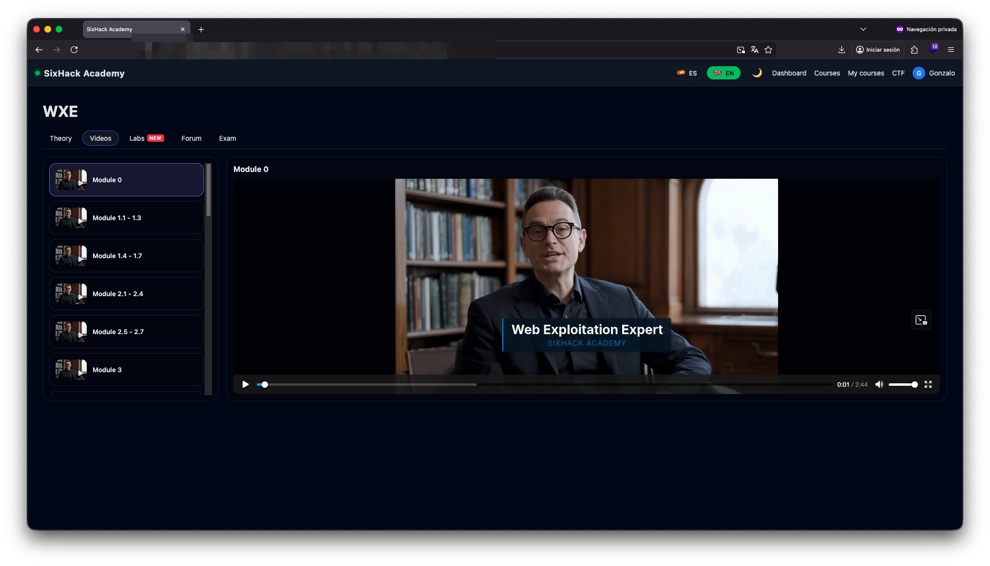 WXE course Videos tab with the video player and the module list in the sidebar