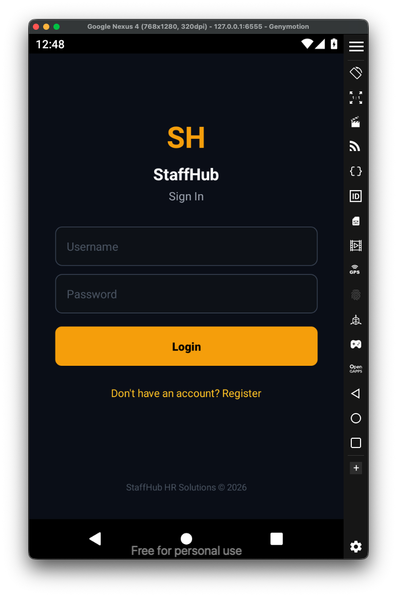 App StaffHub del laboratorio MXS corriendo en el emulador