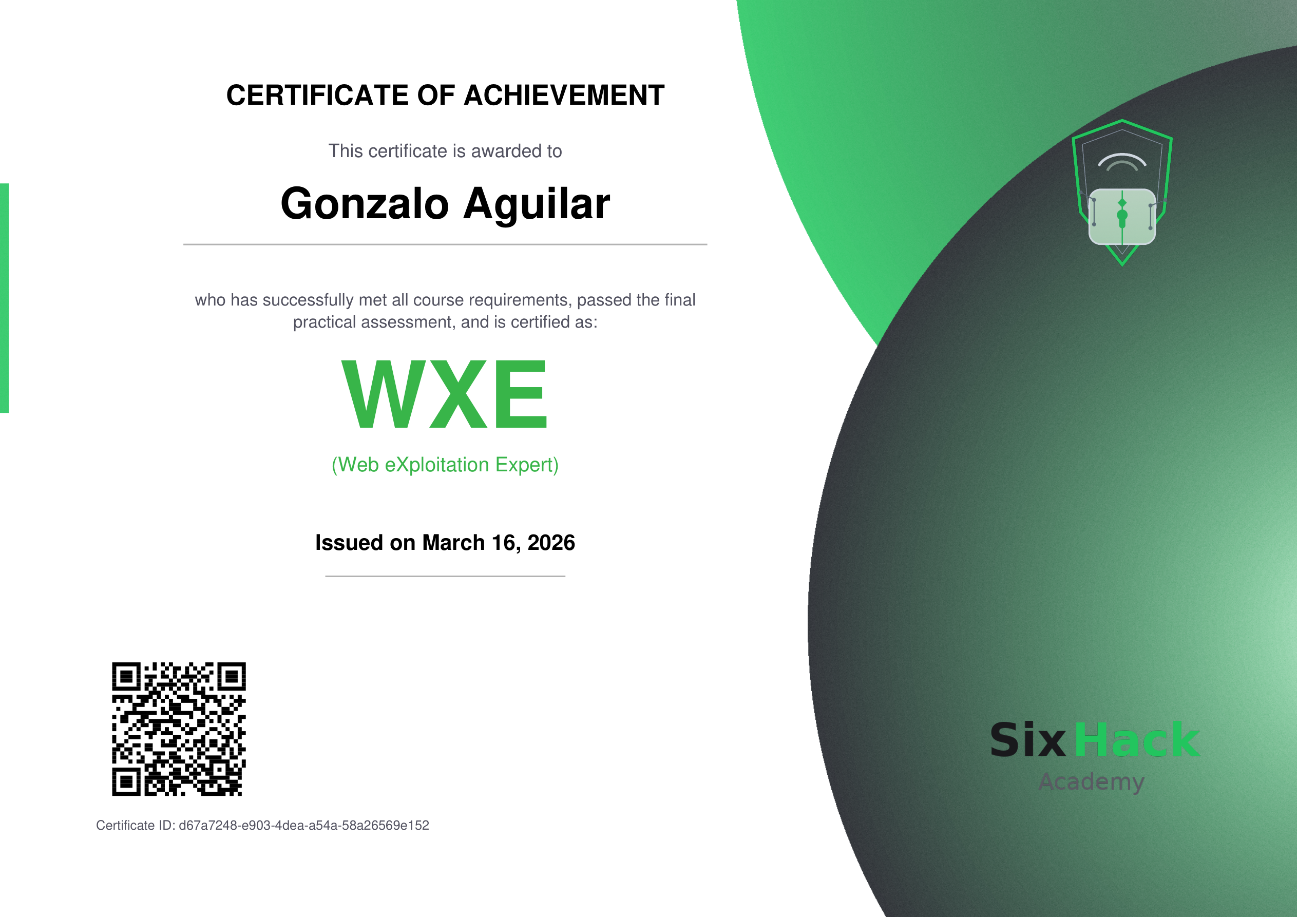 WXE Certificate of Achievement from SixHack Academy with QR verification code