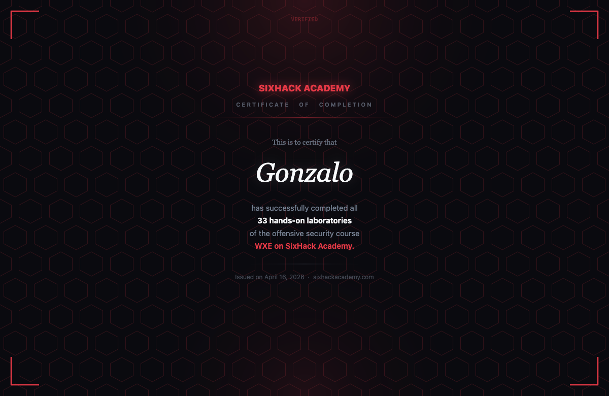 Certificate of completion for the WXE course hands-on labs on SixHack Academy