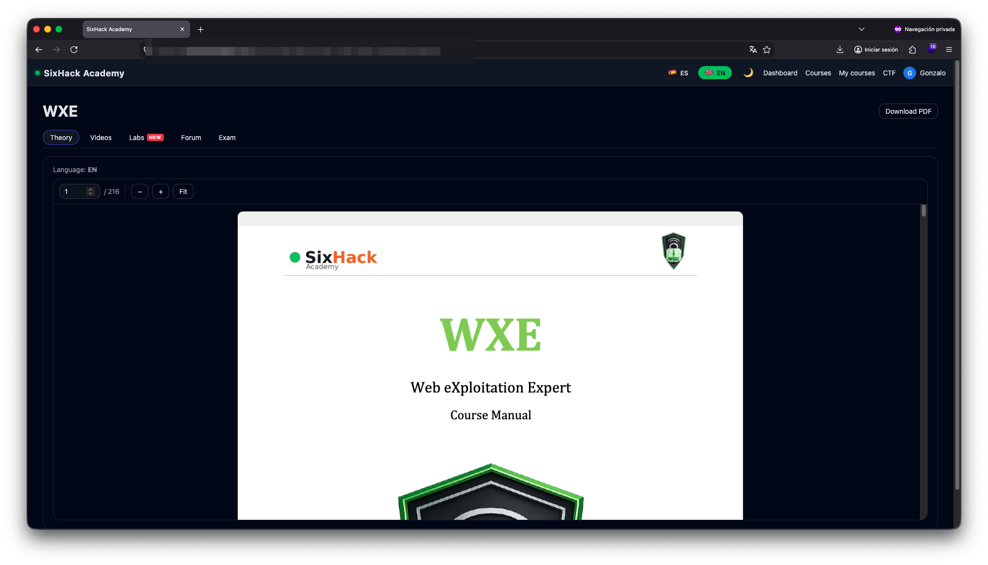 WXE course Theory tab showing the course PDF manual in the browser