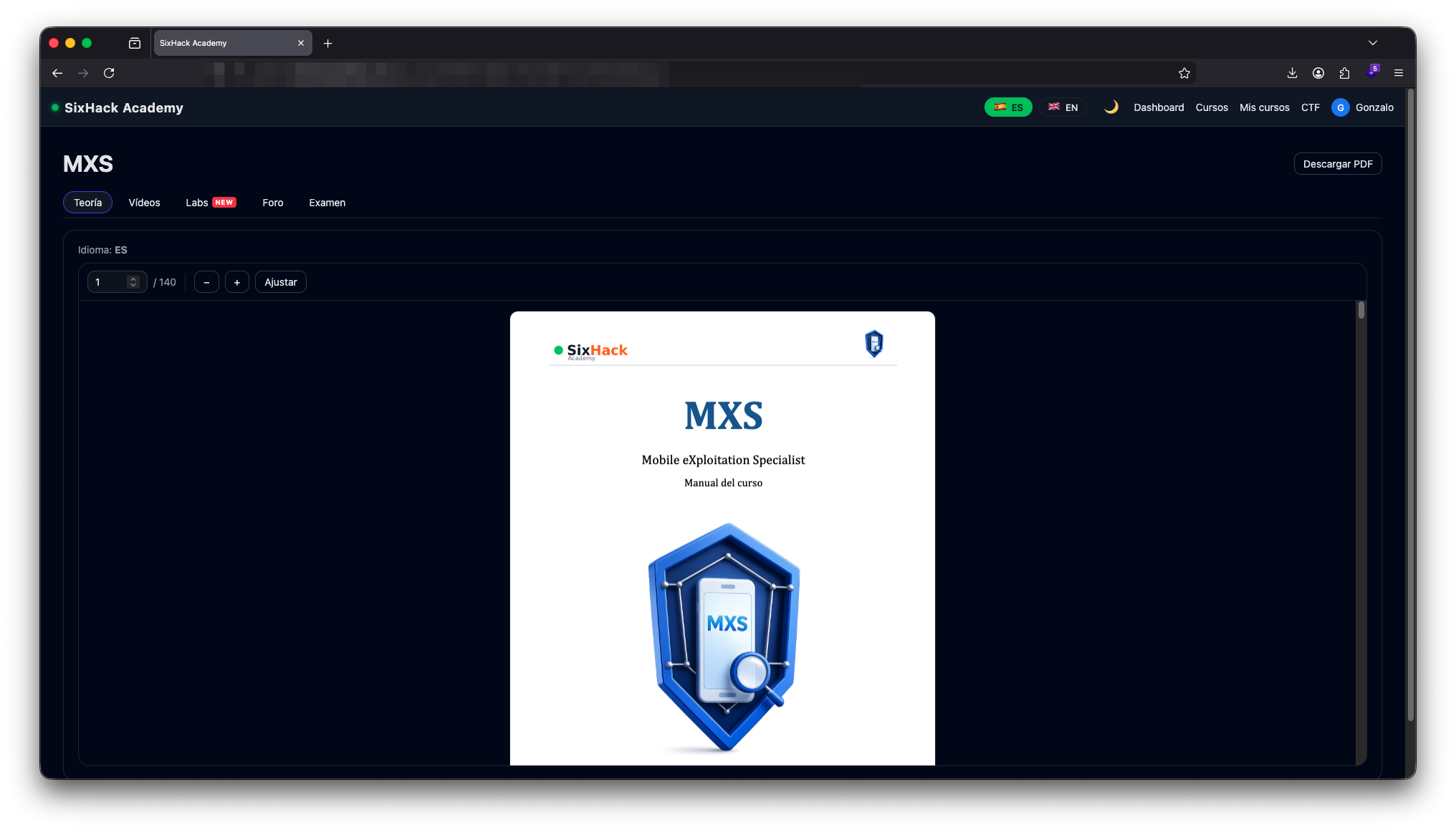 Aula del curso MXS mostrando el manual teórico en PDF integrado