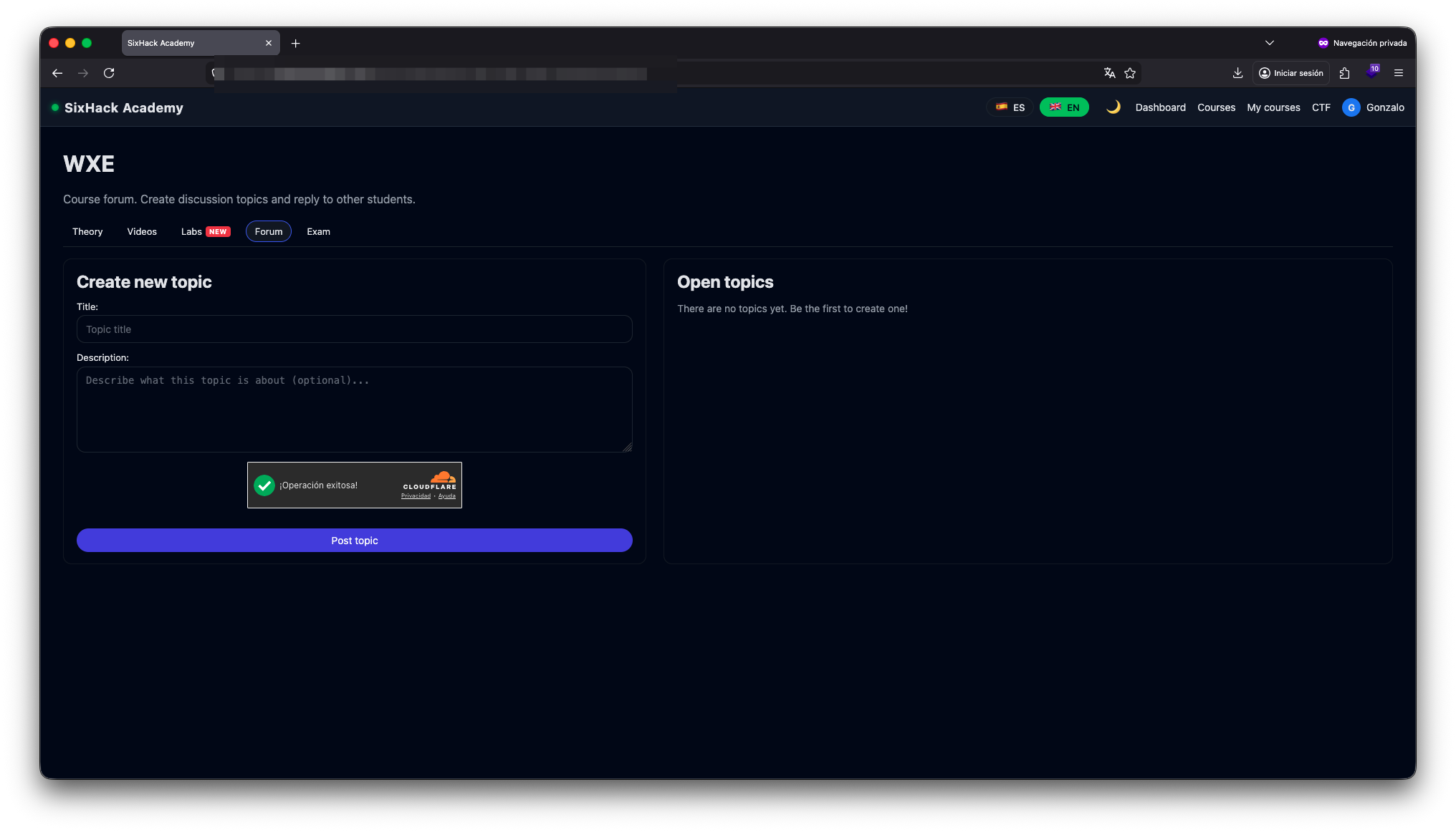 WXE course forum on SixHack Academy showing the new topic form and open topics panel