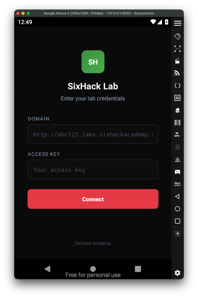 Pantalla del launcher SixHack Lab pidiendo dominio y access key