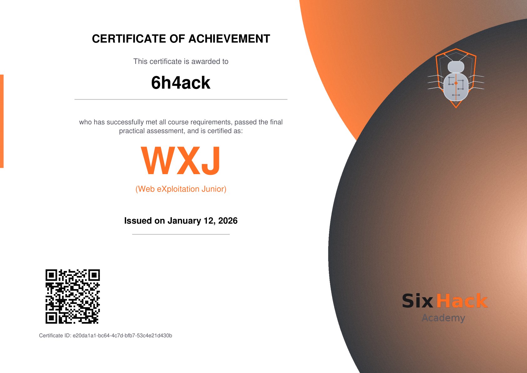 Example certificate issued by SixHack Academy